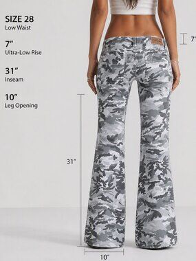 VTG Y2K Dorinha Grey Camo Wide Flare Bell Bottom Jeans Low Rise Sz 7 Deadstock